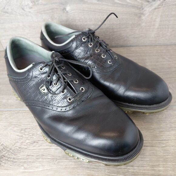 FootJoy DryJoy Tour Golf Shoes Men 9.5 Black Leather Waterproof Soft Spike 53676 - Picture 2 of 12